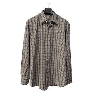Peter Millar Dark Blue and Brown Gingham Long Sleeve‎ Button Up Shirt X-Large